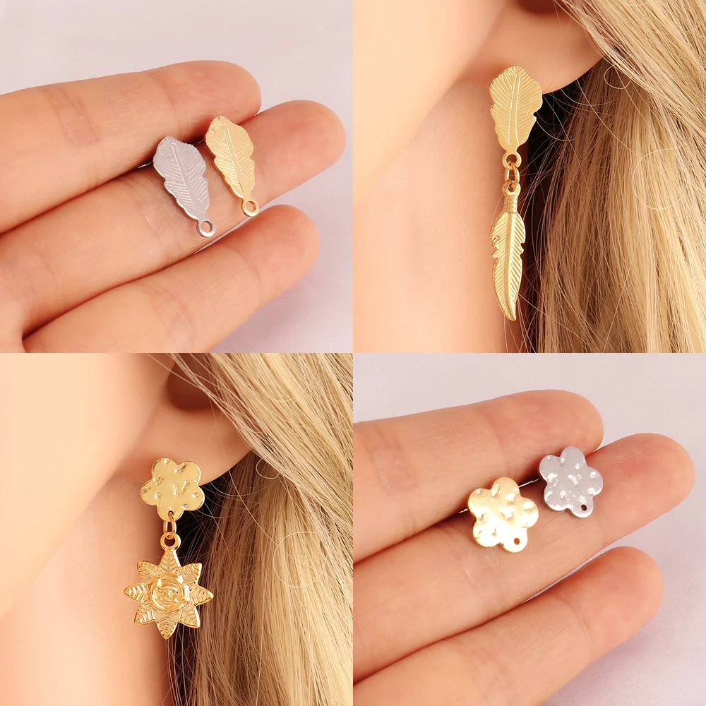 20pcs Stainless Steel Geometric Heart Round Stud Earring Base With Earring Plug Connector DIY Earring For Jewelry Making Finding
