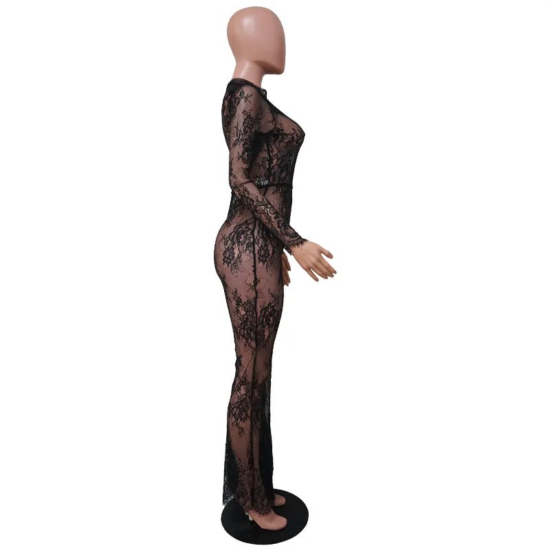 DSMTRC 長袖ワンピースワイドレッグジャンプスーツ女性の夏服ファッション黒レースの視点セクシーなナイトクラブ衣装