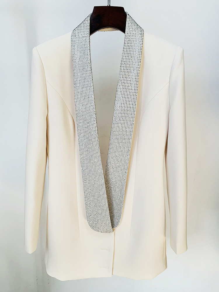 Blazer Long de styliste pour femmes, élégant, dos nu, diamants, perles, col châle, nouvelle collection 2024