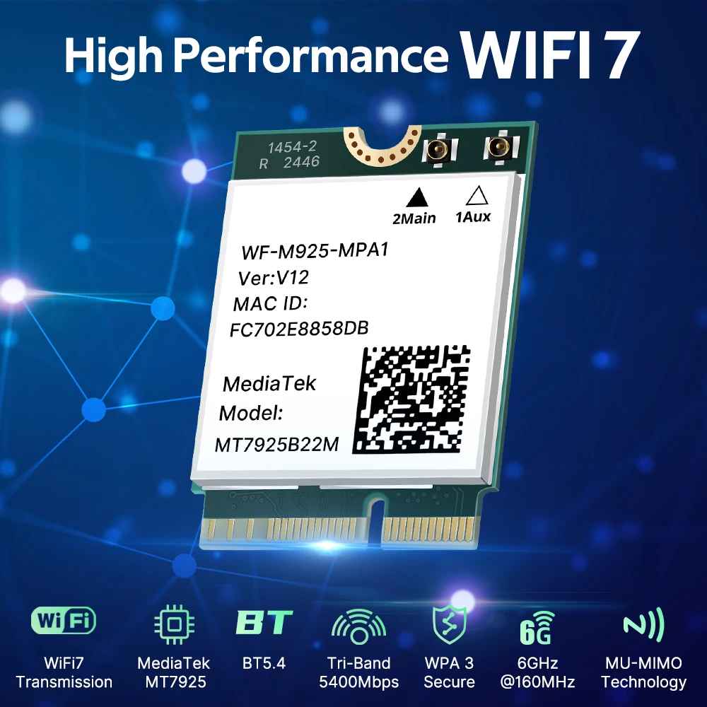 Сетевая карта Wi-Fi 7 MT7925 Bluetooth 5.4 M.2 NGFF Беспроводной адаптер 5400 Мбит/с Трехдиапазонная карта 2,4G 5G 6 ГГц Wi-Fi7 Lan Card для Win 10/11