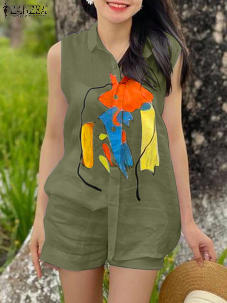 Zanzea-ノースリーブのトップス,ルーズフィット,カジュアル,プリント,トラックスーツ,夏服,2枚,2024