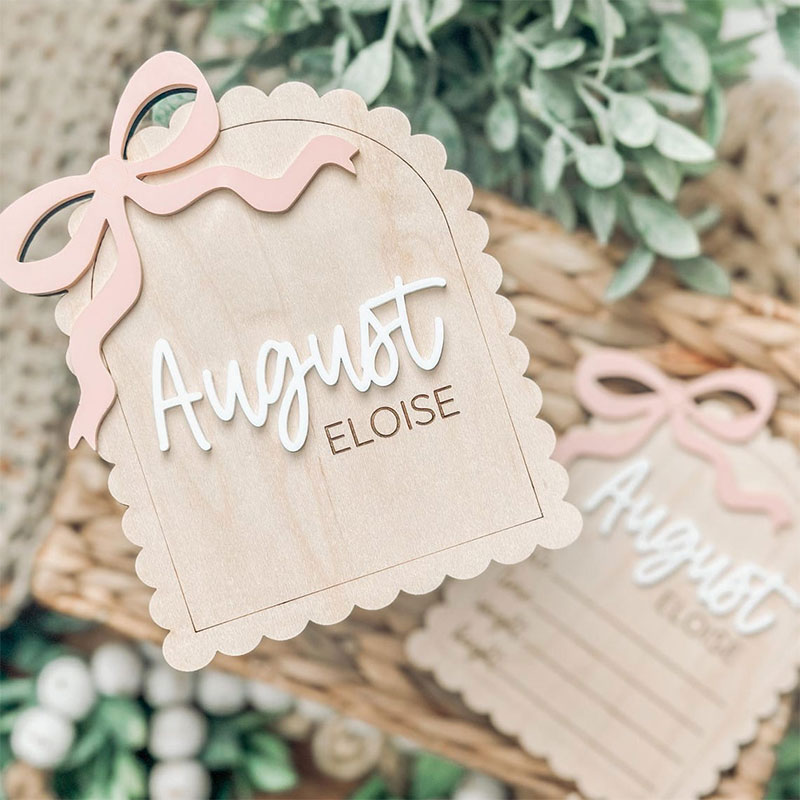 Placa de bebé con nombre personalizado, lazo rosa y azul con etiqueta de nombre de datos de nacimiento, anuncio de nacimiento de niña, placa personalizada