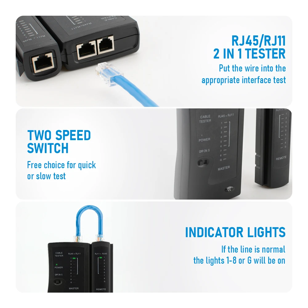 Probador de cable Ethernet de red para LAN RJ45 Cat5 Cat5e Cat6 Cat6a Cat7 UTP/Cable blindado y RJ11 RJ12