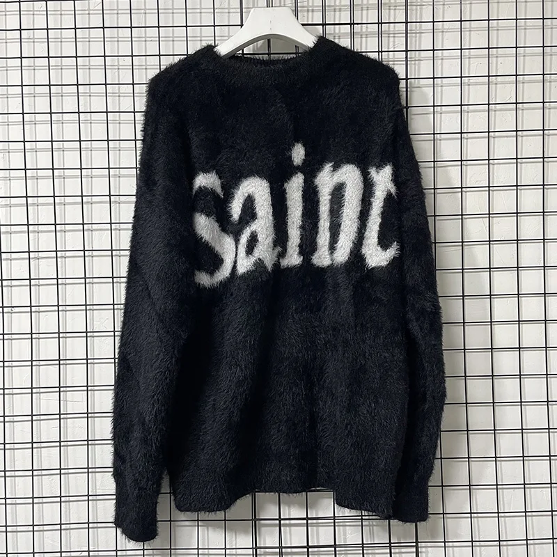 Clássico carta logotipo jacquard saint camisola das mulheres dos homens casal casual preto moletom de malha alta qualidade crewneck pullovers