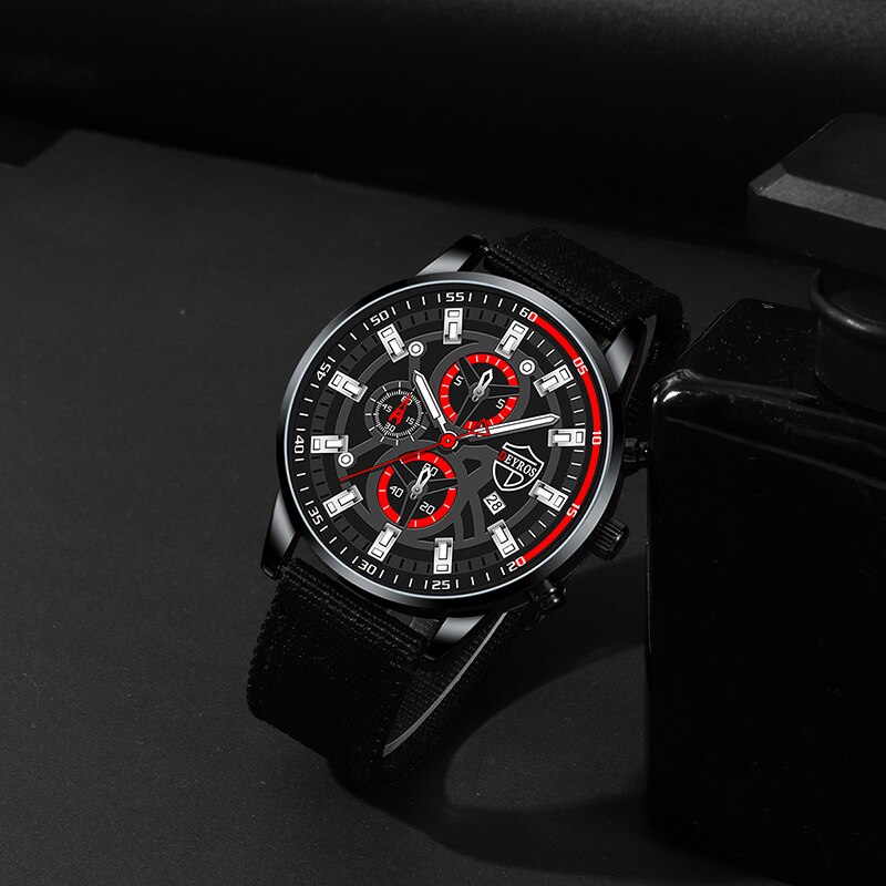Relógio de pulso de quartzo de nylon simples masculino, colar, pulseira, relógios masculinos de negócios, moda casual, conjunto 3 peças