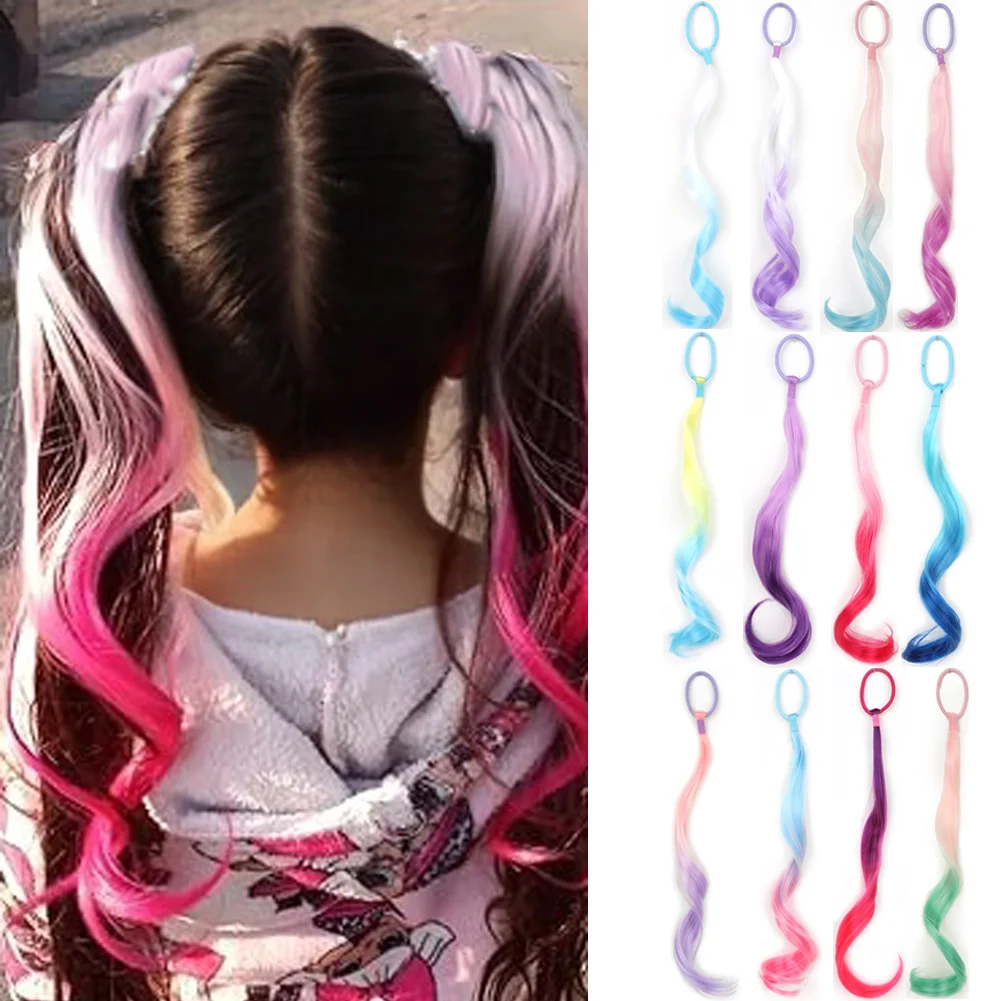 Extensiones de cabello de colores, extensiones de cabello de colores ligeros sintéticas de 14 "para niños, extensión de cola de caballo rizada con lazo elástico