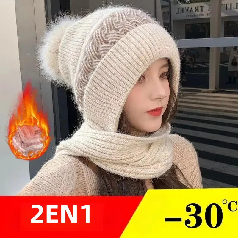 Bonnet et écharpe tout-en-un pour femme, bonnet rembourré pour le cou, protection des oreilles, cheveux de lapin chauds, mignon, résistant au froid, cyclisme, hiver