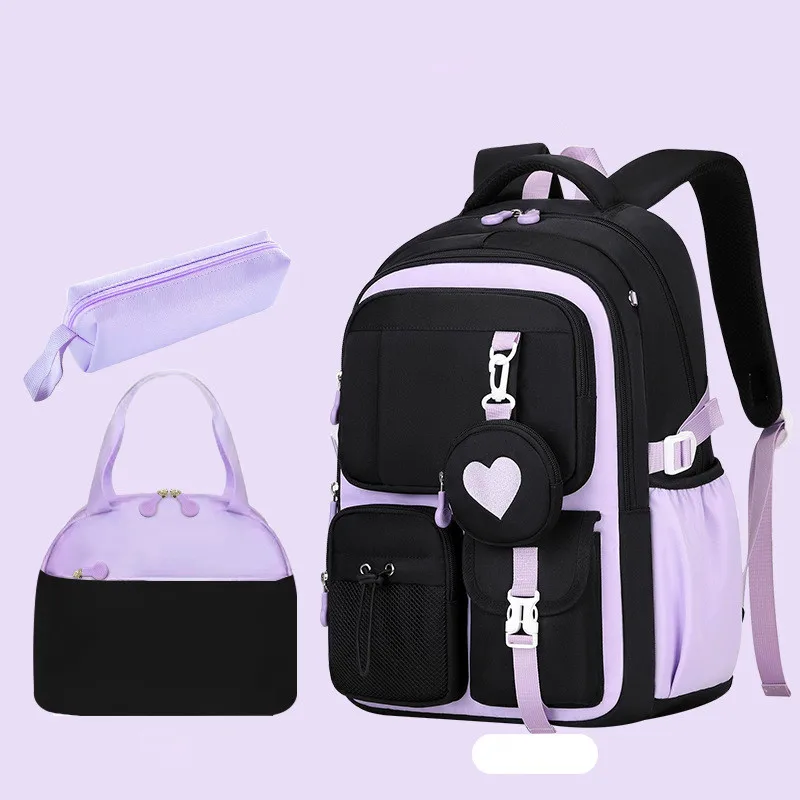 Zaino da scuola modello amore Zaino Astuccio per matite Borsa da pranzo Set da tre pezzi Zaino di tendenza per ragazzi e ragazze in tessuto di nylon impermeabile