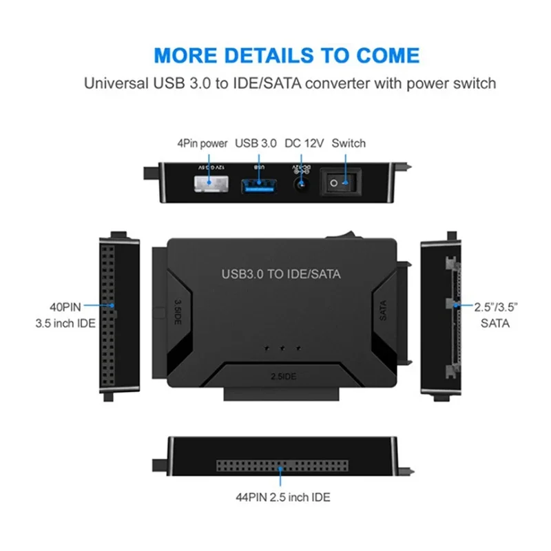 SATA/IDE zu USB 3.0 Adapter Festplattenadapter Konverter für Universal 2,5/3,5 Zoll IDE SATA HDD SSD mit 12V 2A Netzteil