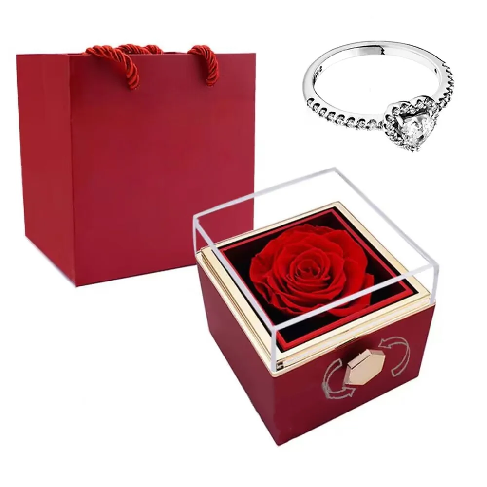 Nieuwe Eenvoudige Luxe Ring Eeuwige Echte Rose box Prachtige Vrouwen Glanzende Hart Serie Ring Moederdag Cadeau voor Liefhebbers