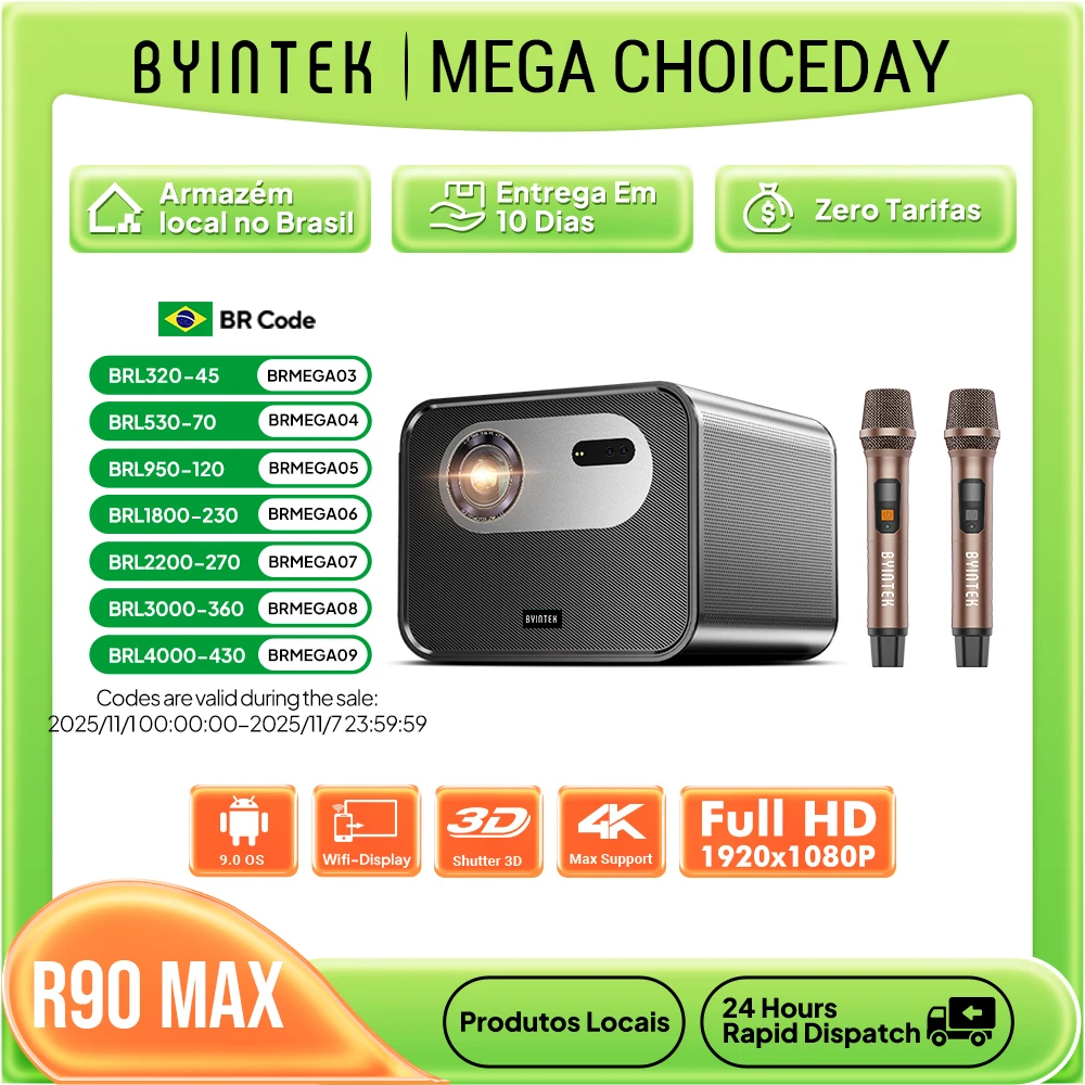 BYINTEK R90 Max Full HD 1080P Projector 4K DLP 2200 ANSI Lumens Android TV 11.0  3D 4K Supported Smart  Home Theater  Projector