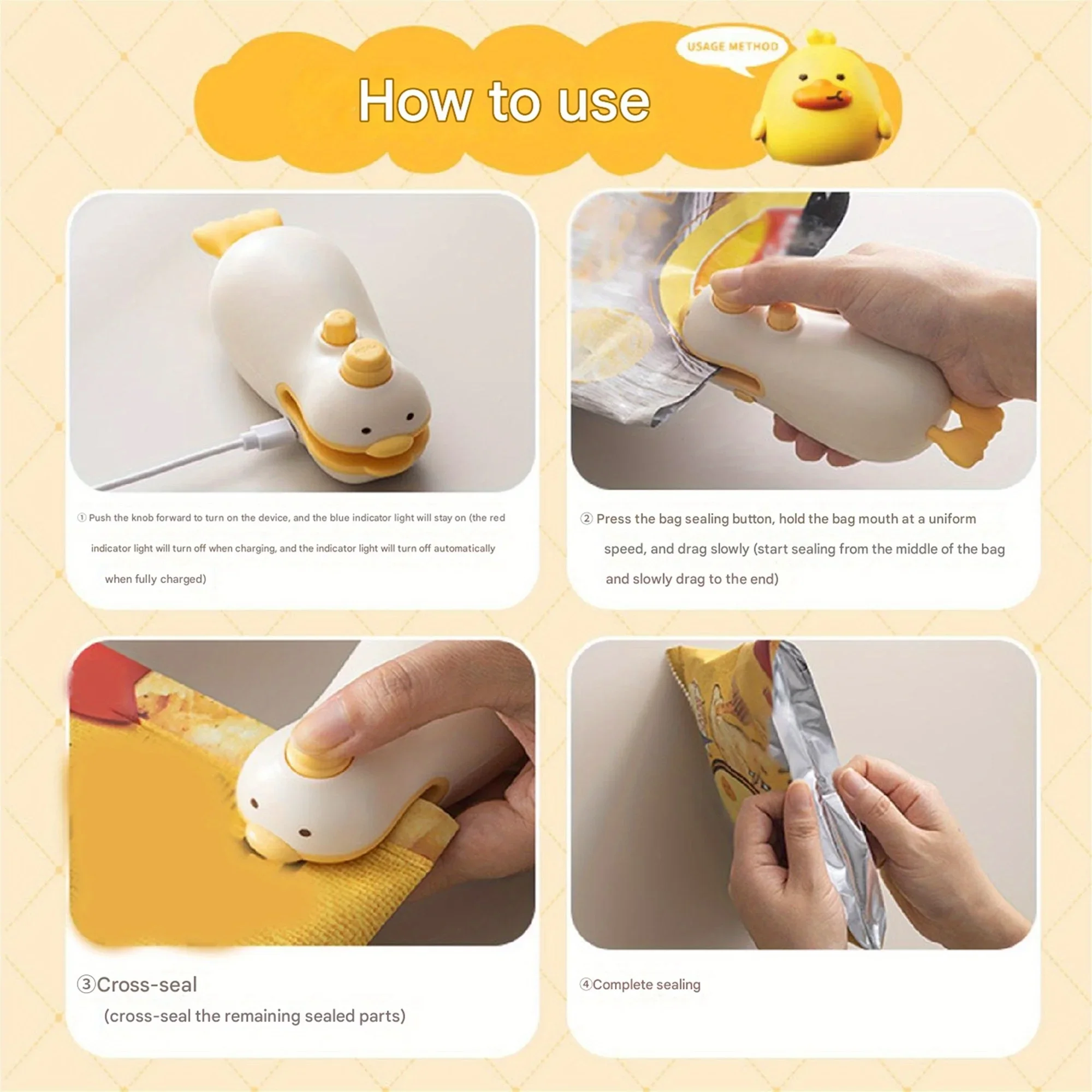 Sellador de bolsas recargable al vacío de pato lindo para frescura, utensilio de cocina portátil de fácil uso, Mini 2 en 1