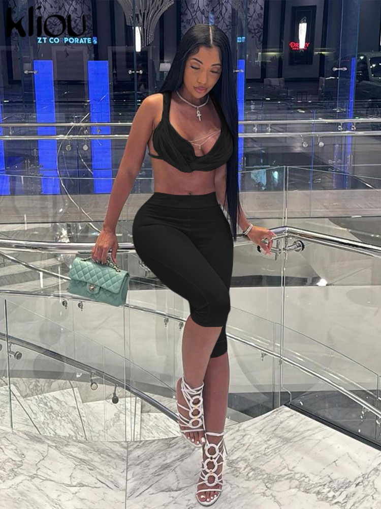 Kliou-女性用ショートトップとショーツのセット,2ピースのマッチングセット,ホルターネック付きショートトップ,セクシーでクラシックなスタイル,新しい