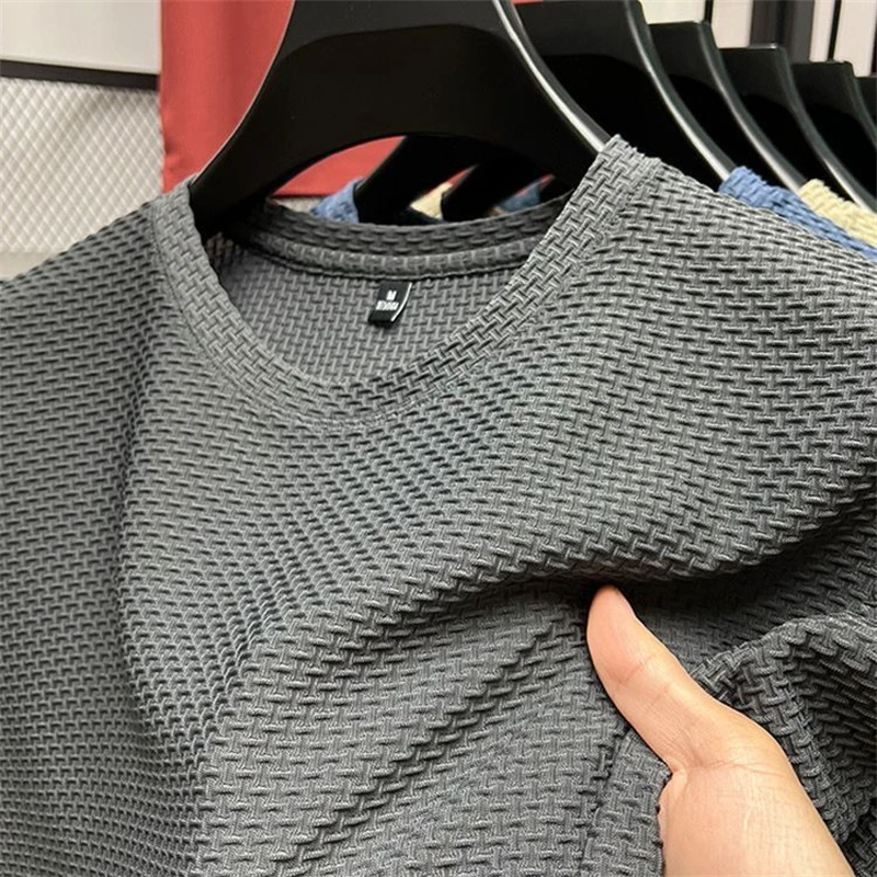 Camiseta de seda helada de malla para hombre, camiseta de manga corta con cuello redondo, camisetas finas de Color sólido de media manga para verano 2023