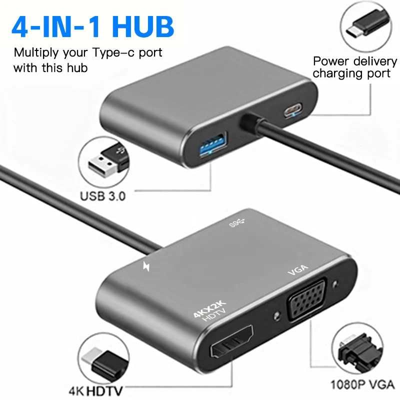 Type C Adapter Hub 4 in 1 Multiport with USB 30 VGA HDTV Digital AV and PD Charging Port Compatible