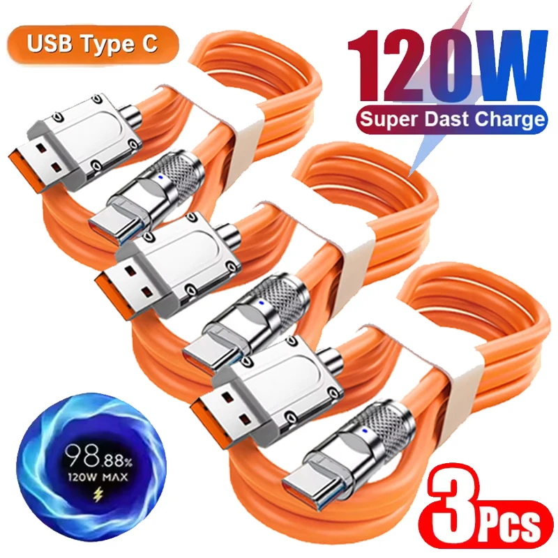 Cable de silicona líquida tipo C de carga súper rápida, 3 uds., 120W, líneas USB C de carga rápida para Xiaomi, Huawei, Samsung, Cable de datos USB para teléfono