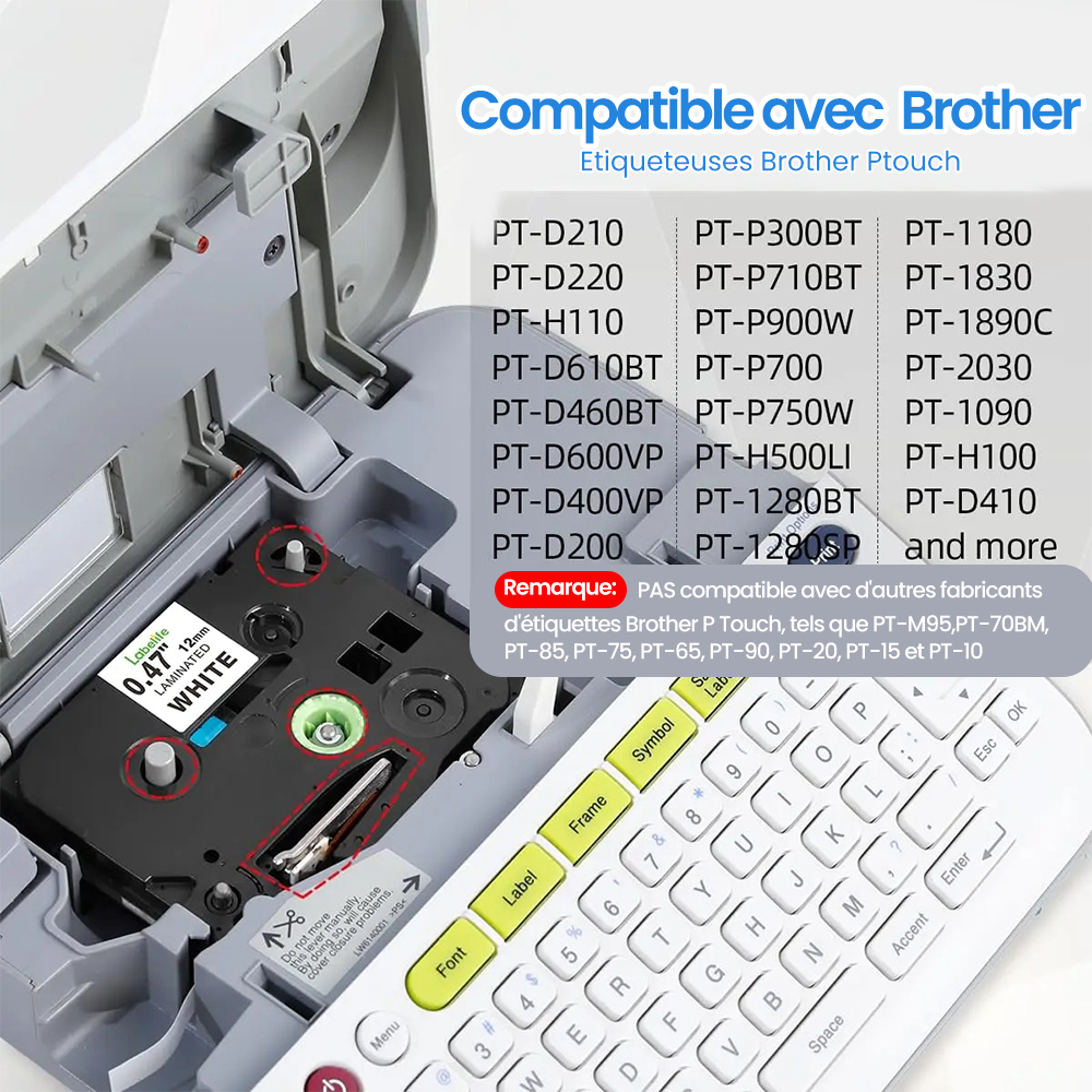 Ruban de stratification d'étiquettes blanc TZ, 6/9/12/18/24mm, tze231 tze241 tze251 tze221, Compatible pour imprimante d'étiquettes Brother PT-H100 PTD600