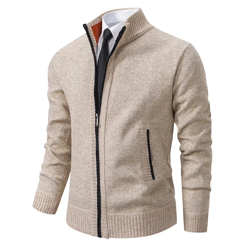 Autumn Winter Men's Casual Sweaters Solid Color Turtleneck Sweater Cardigan Fleece Zipper Cardigan Knit Jackets