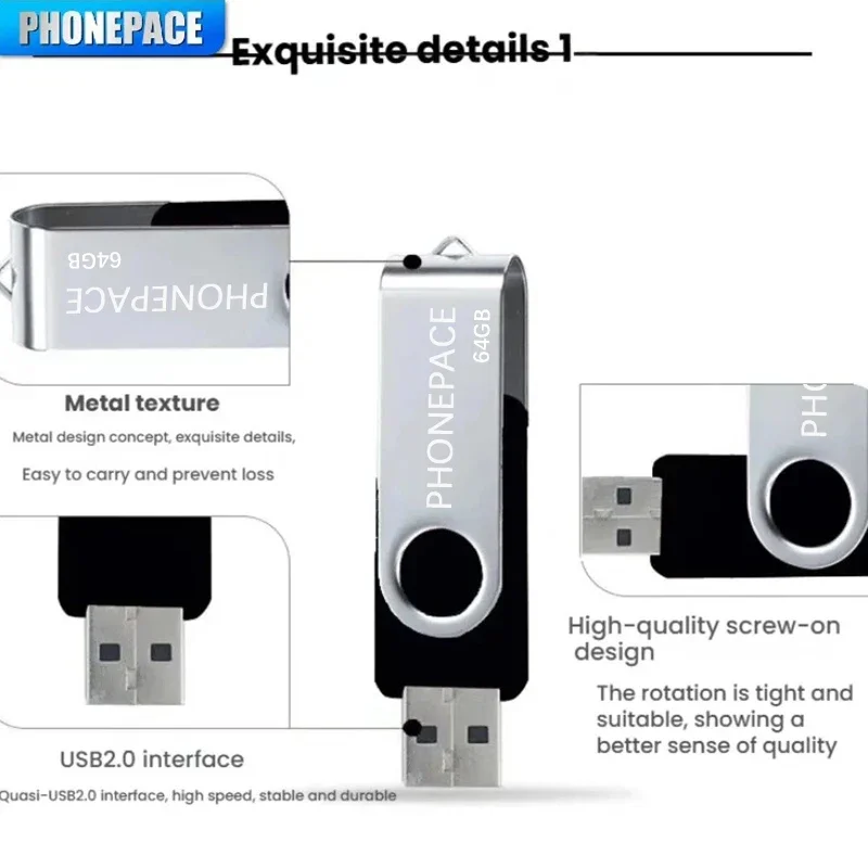 PHONEPACE Rotatable USB Flash Drive High-Speed USB 2.0 Interface Aluminum Alloy Material Durable Long-lasting Wide Compatibility