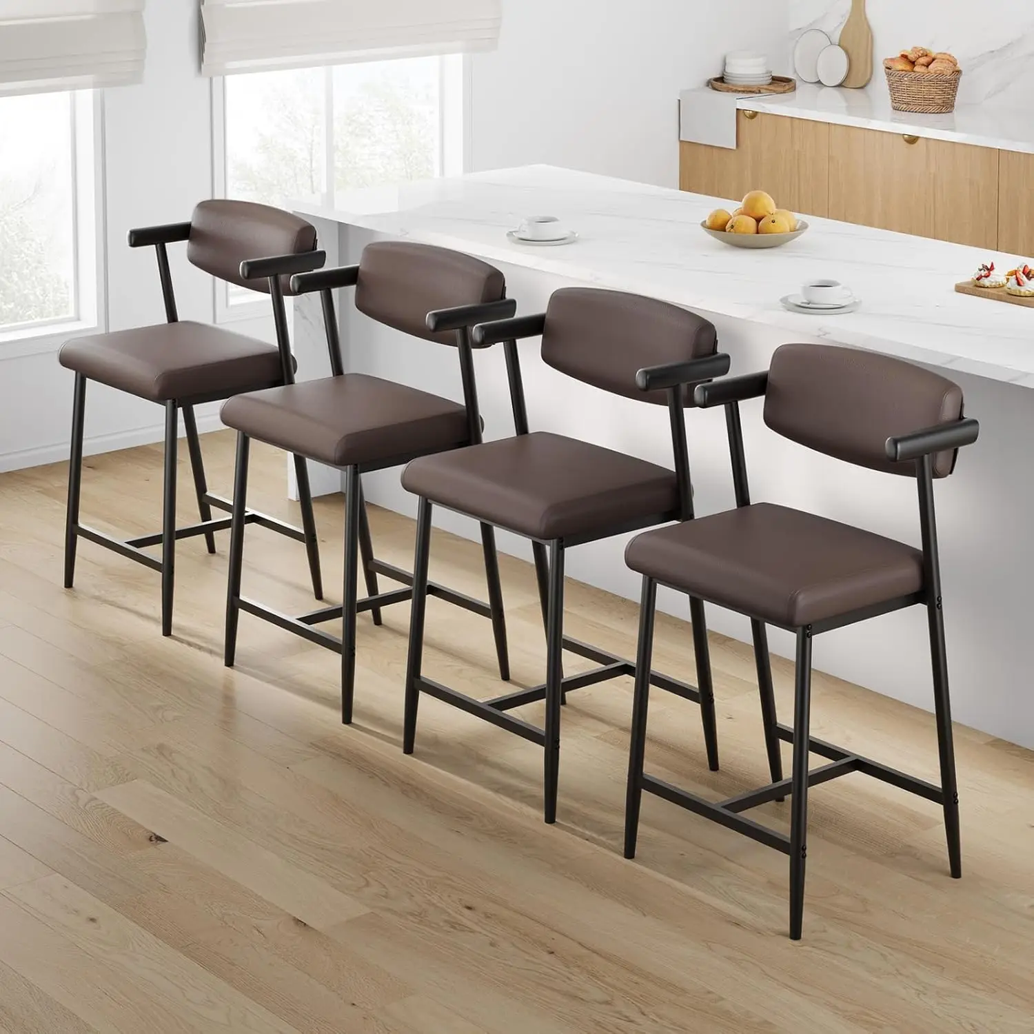 2PCS 26" Counter Height Barstools Set with Back & Footrest Modern Metal Bar Stools Wide Seat for Counter Bar, Kitchen Island