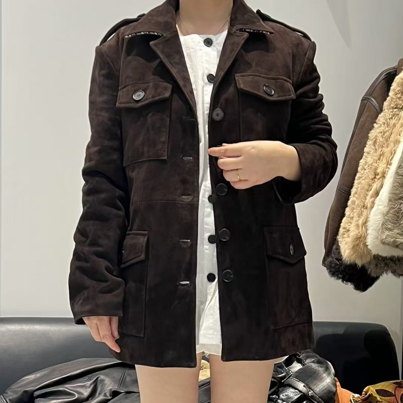 Luxury High-end Kid Suede Leather Jacket for Women Winter Pockets Slimming Coat Filled With Mulberry Silk Deep Coffee Warm Veste