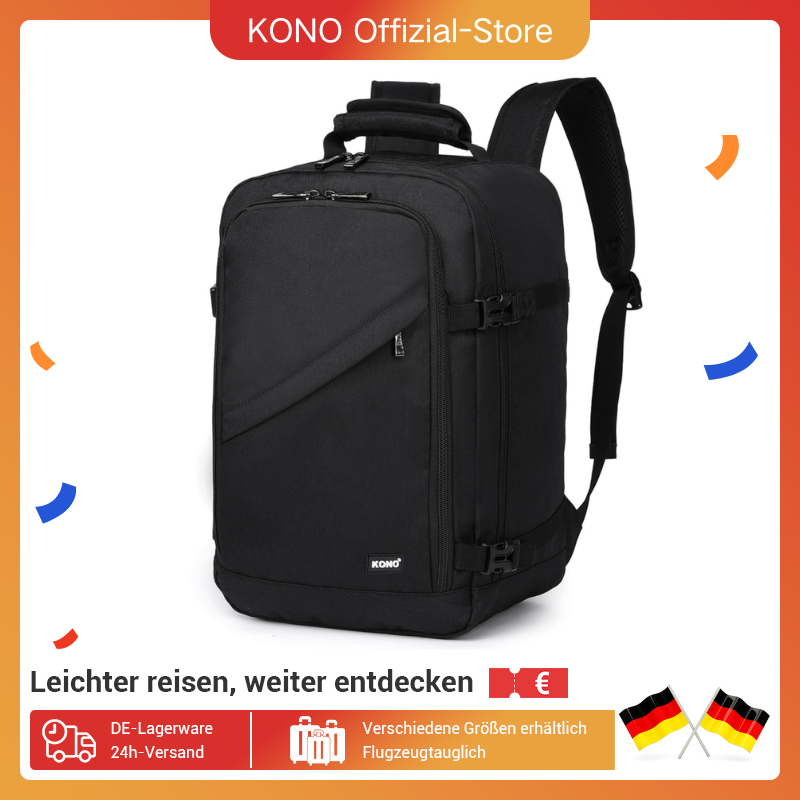 Kono Kabinentasche 40x20x25 cm für Ryanair Untersitz Handgepäck Rucksack, Kabinengröße 20L, Schwarz, Minimalistisch