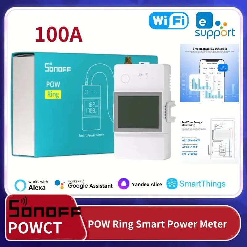 Sonoff powct pot anel medidor de energia inteligente transformador atual 100a monitor energia controle contator funciona com alexa google ifttt