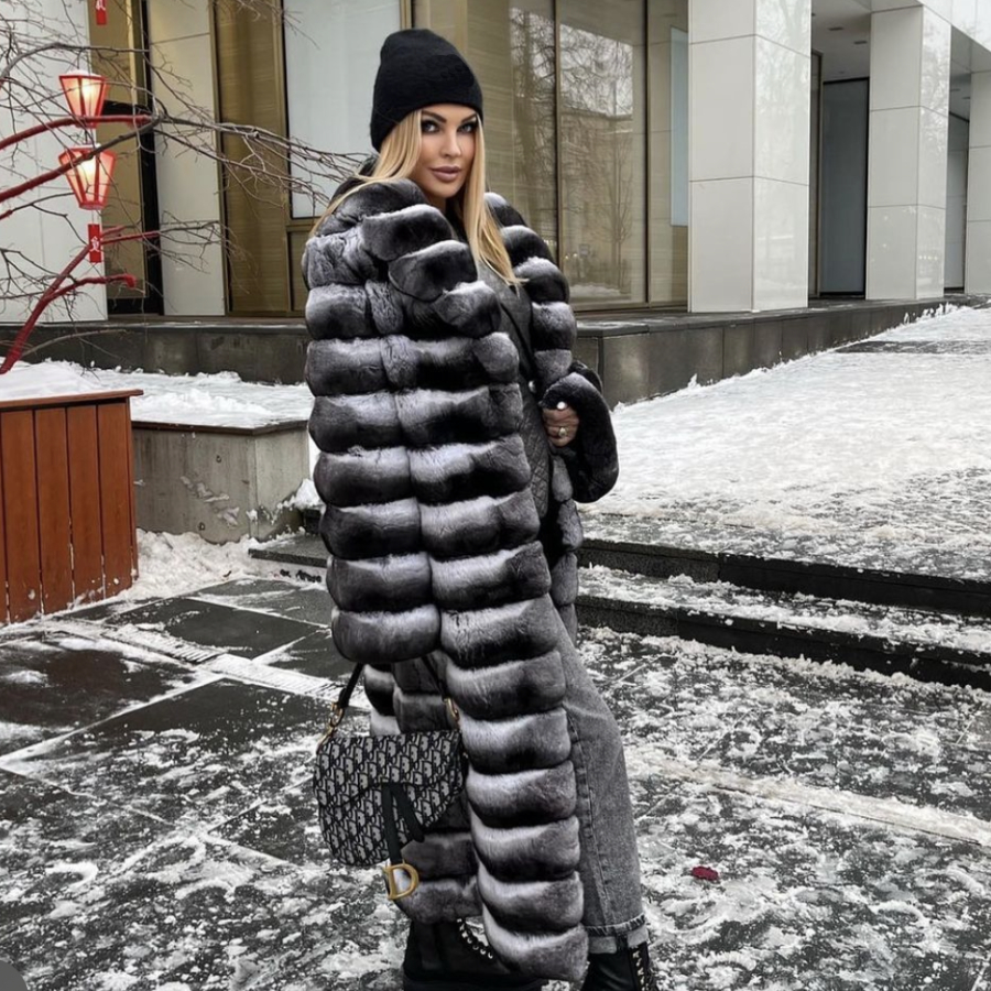 Winter Women's Natural Fur Coat Long Real Rex Rabbit Fur Coat Chinchilla Color Rabbit Fur Jacket