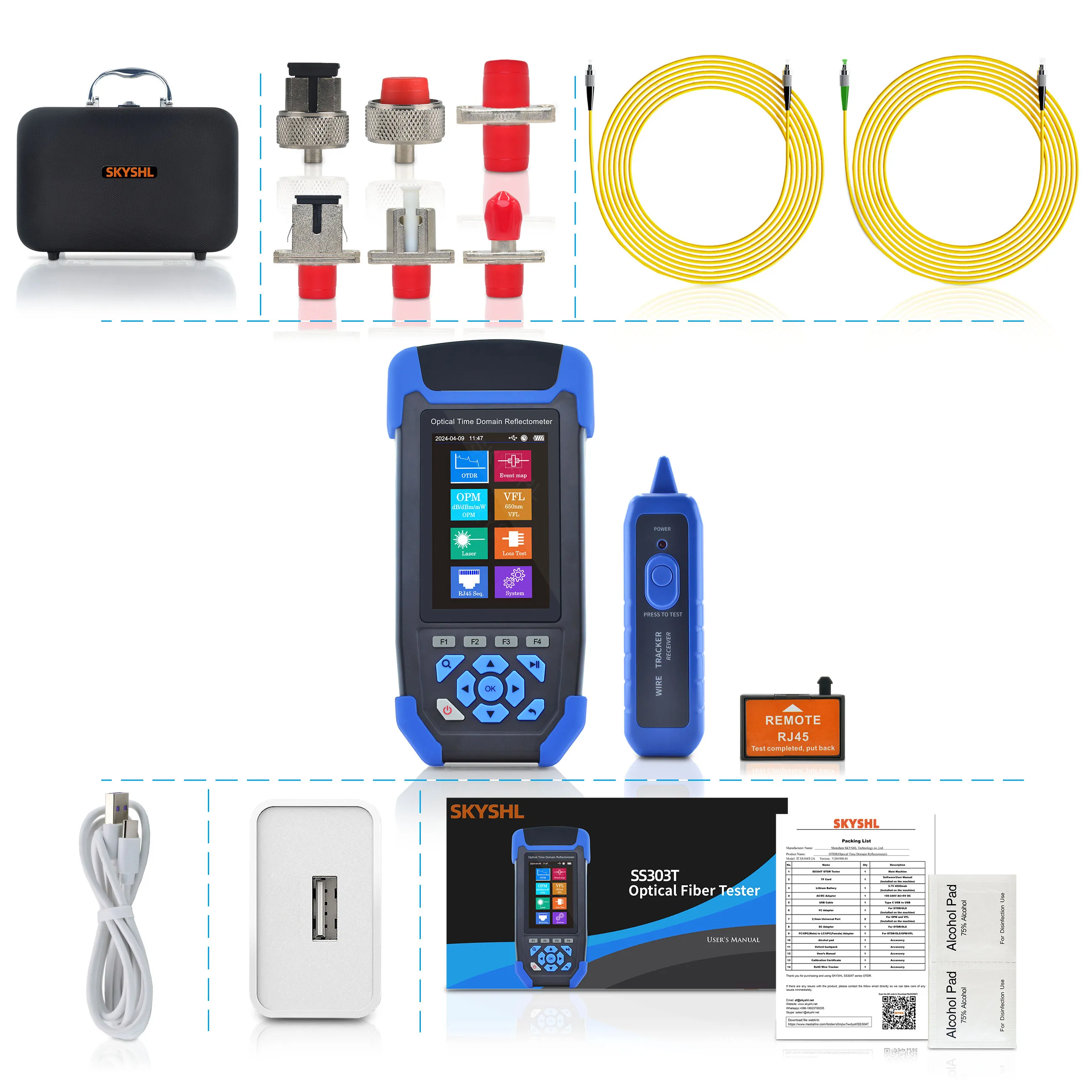 SKYSHL 1310nm/24dB+1550nm/22dB Mini OTDR con OPM+OLS+VFL+Mapa de Eventos+Prueba de Pérdida+Probador RJ45+Rastreador de RJ45 SM Probador de Fibra Compatible con SC+FC+ST+LC UPC&APC-SS303T-2A1