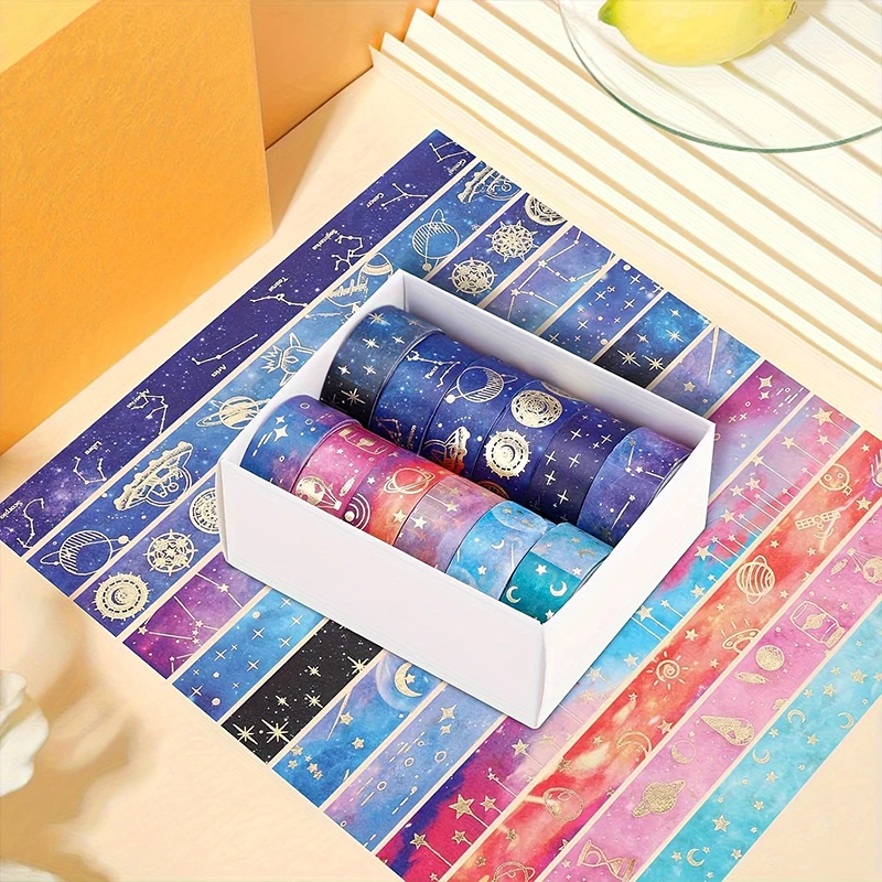12pcs 골드 호일 별이 빛나는 하늘 Washi 테이프 세트-스크랩북, 공예 및 휴일 파티 장식을위한 프리미엄 접착 스티커