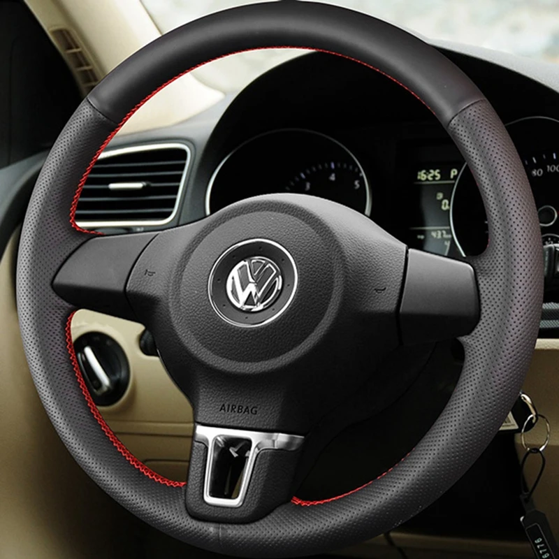 Tự Làm Nhân Tạo Da Đen Bọc Vô Lăng Cho Xe Volkswagen Golf 6 Mk6 VW Polo Sagitar Bora Santana Jetta Mk6 Thoáng Khí