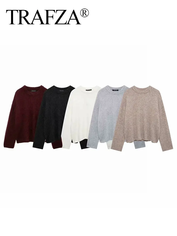 TRAFZA ฤดูหนาวผู้หญิง Burgundy เสื้อแขนยาวลําลอง O-คอหลวม Fluffy Fuzzy เสื้อกันหนาวจัมเปอร์หญิงแฟชั่นถักเสื้อ