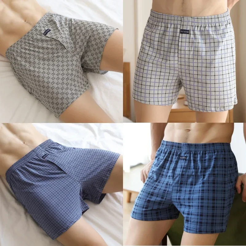 Bóxer a cuadros de algodón 100% de talla grande para hombre, ropa interior elástica de cintura ancha, pantalones cortos holgados de cintura alta para verano, pantalones cortos finos y transpirables para el hogar