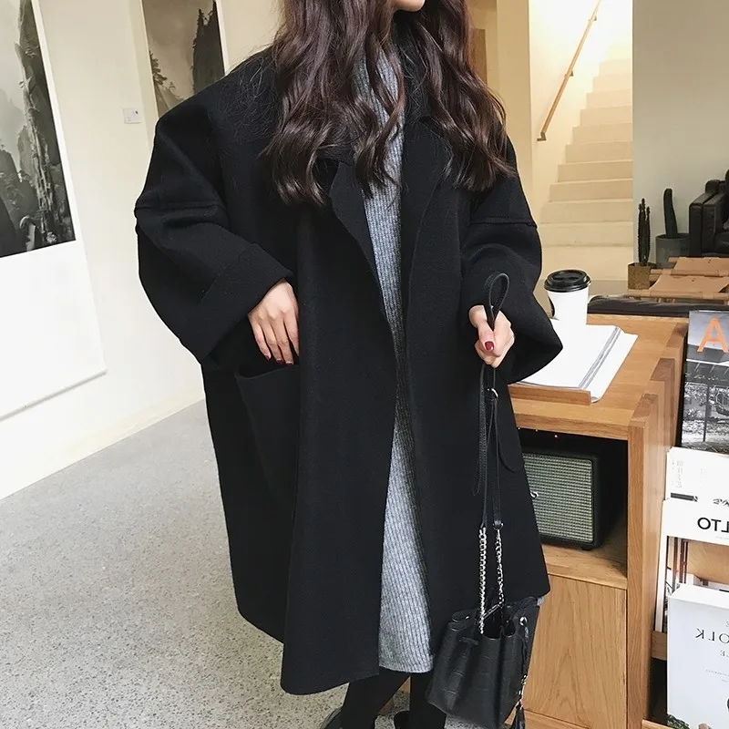 Elegant Woolen Trench Coat ฤดูหนาวผู้หญิง Vintage Windbreakers แจ็คเก็ตกลางความยาวหลวม Turn-Down Collar Plus ขนาด 4XL เสื้อสเวตเตอร์ถัก
