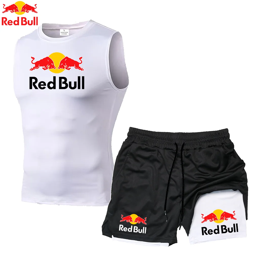 Quick Dry Running Red Bull Vests Men Double Deck 2 in 1 Shorts Sets Rashgard Fitness Sport Gym Tank Tops Set For Mens