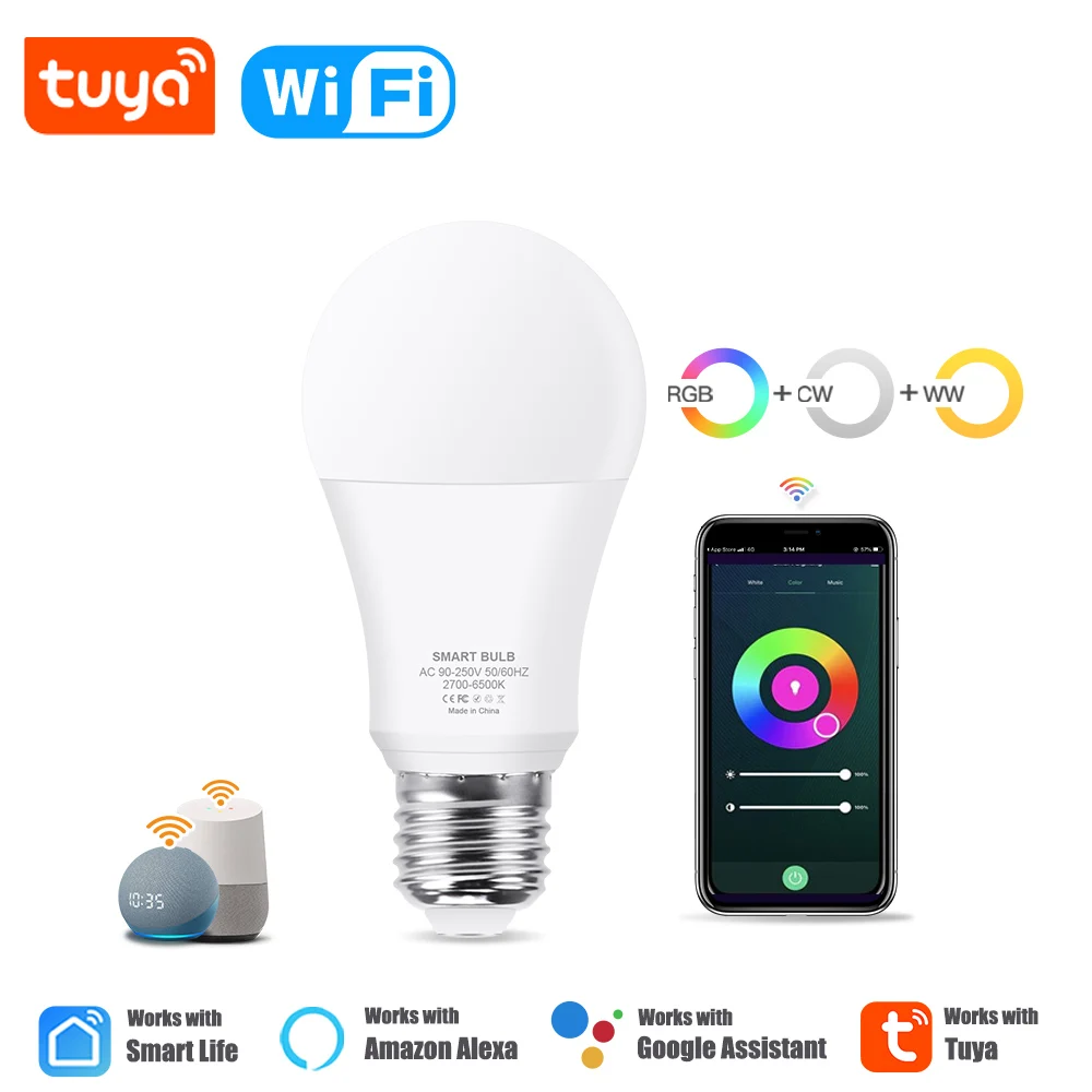 15W WiFi สมาร์ทหลอดไฟ LED E27 LED RGBCW สมาร์ทหลอดไฟควบคุมเสียงผ่าน Google Home Tuya Smart Life APP Alexa RGB 110-220V
