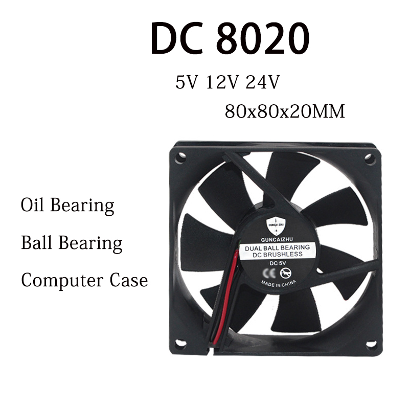 새로운 DC 8020 팬 5V 12V 24V 80x80x20MM 오일 베어링 냉장고 팬 압축기 팬 4800RPM 0.2A 2pin