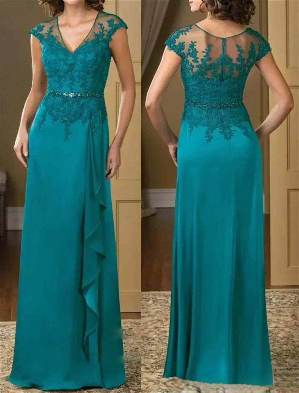 A-Line Lace Floor-Length Mother Of The Bride Dress Elegant 2022 Plus Sizes Turquoise Appliques Chiffon Short Sleeve Ruffles Belt