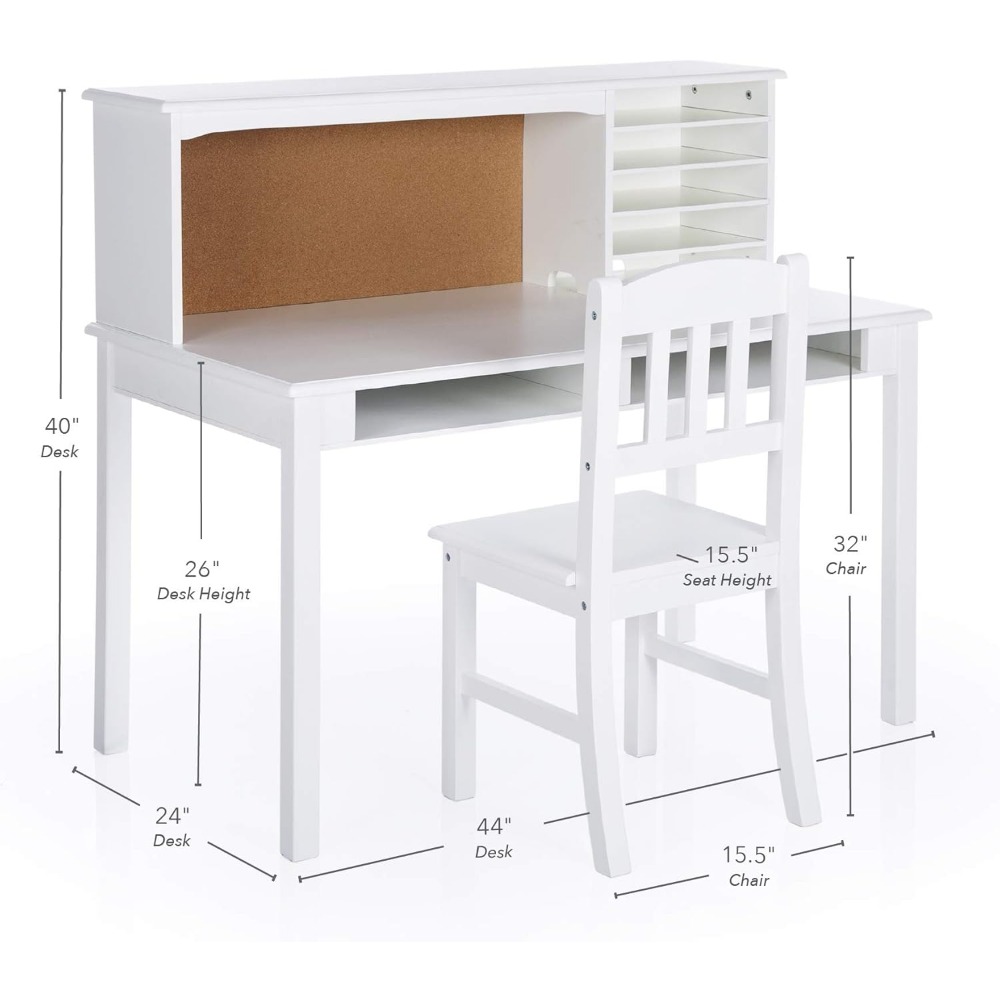 Kids Media Desk and Chair Set - White: Kids Writing Desk with Hutch and Storage Shelves, Computer Workstation with Corkboard