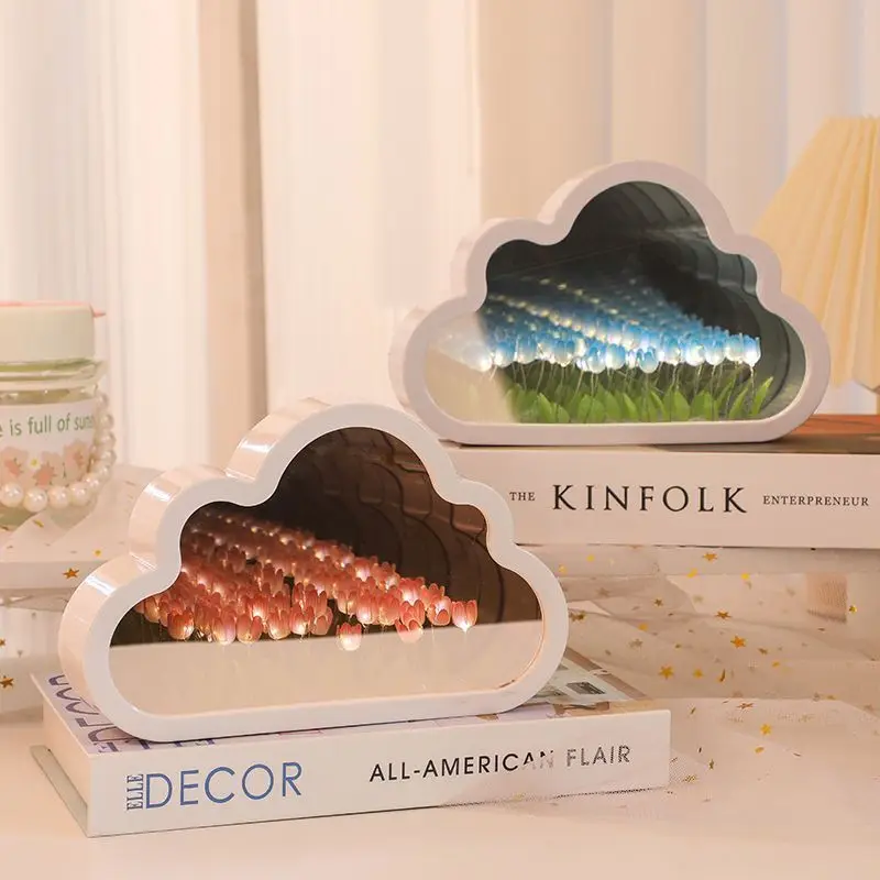 Nuvola Tulipano Luce notturna Fatta a mano Materiale fai da te Fiore Decorazioni per la casa Specchio Lampada per atmosfera creativa Regalo di compleanno San Valentino