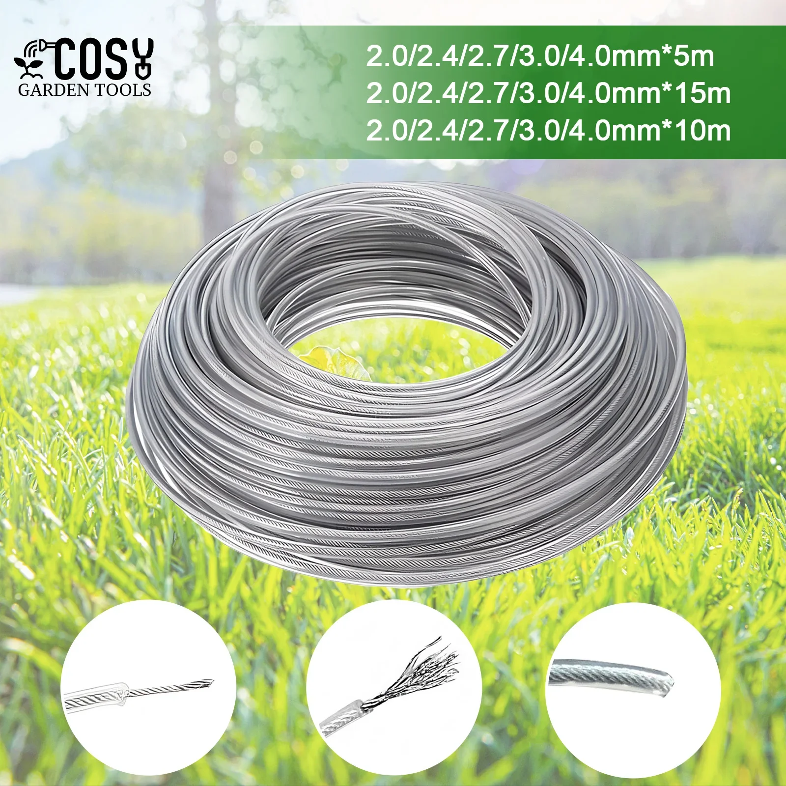 5m/10m/15m*2.4mm/2.7mm/3mm/4mm Grass Trimmer Line Steel Wire Brush Cutter Rope Steel Grass Trimmer Line Lawn Mower Replacement