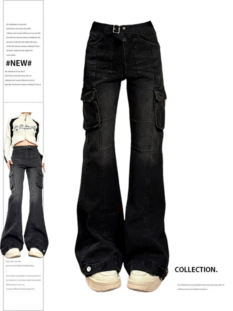 Damen Schwarz Gothic Cargo Flare Jeans Emo 2000er Jahre Vintage High Waist Baggy Denim Hose Y2k Harajuku 90er Jahre Ästhetische Hose Kleidung