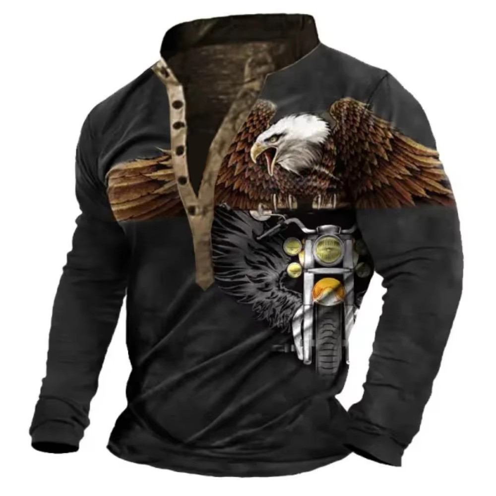 T-Shirt męski Henley Vintage Eagle Motorcycle Print Long Sleeve Daily Top Harajuku Streetwear Tee Men Seven Button Tshirt Pullover