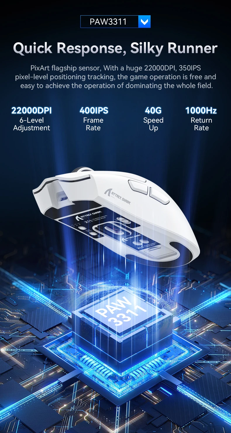 Attack Shark X11 3-trybowe połączenie /2,4 GHz/Bluetooth, PAW3311, 400 IPS, 22 K000 DPI, RGB, bezprzewodowa mysz do gier na PC
