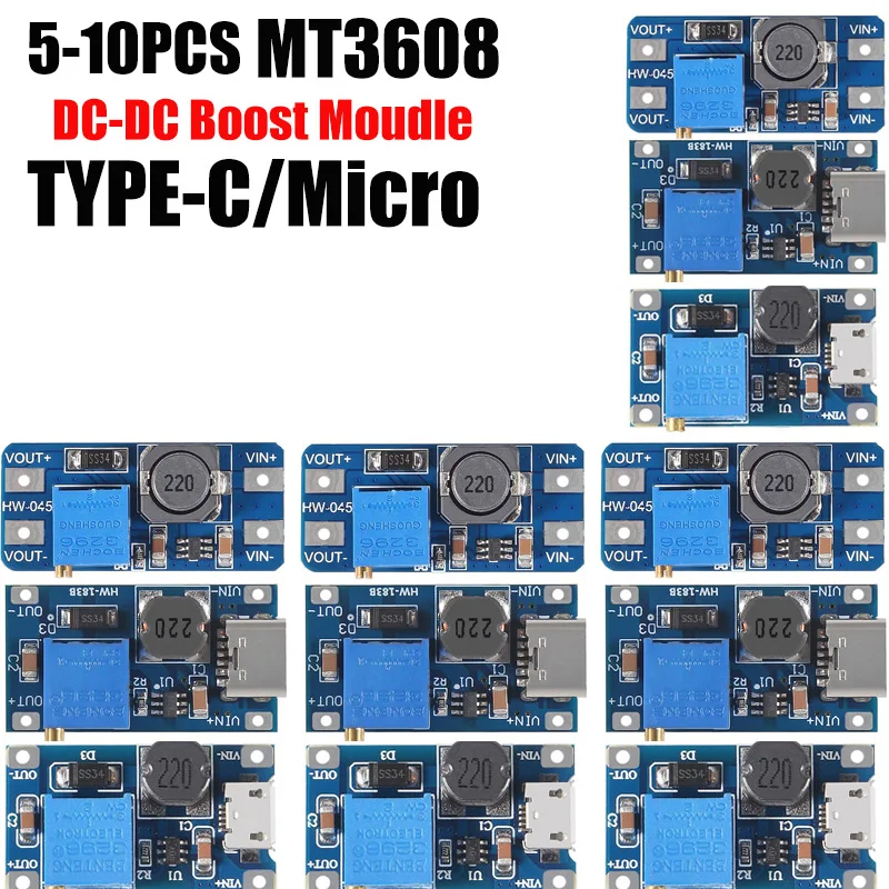 5-10PCS MT3608 Adjustable Step Up Module Voltage Regulator Micro/TYPE-C Plug 2V-24V to 5V-28V 2A Step-Up DC-DC Boost Converter