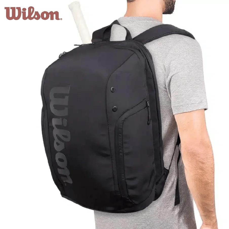 Wilson Roger Federer กระเป๋าเทนนิสสีดํา Pro Staff V13 Super Tour Team กระเป๋าเป้สะพายหลังเทนนิสสําหรับ 2 แร็คเก็ตพร้อมช่องแยก