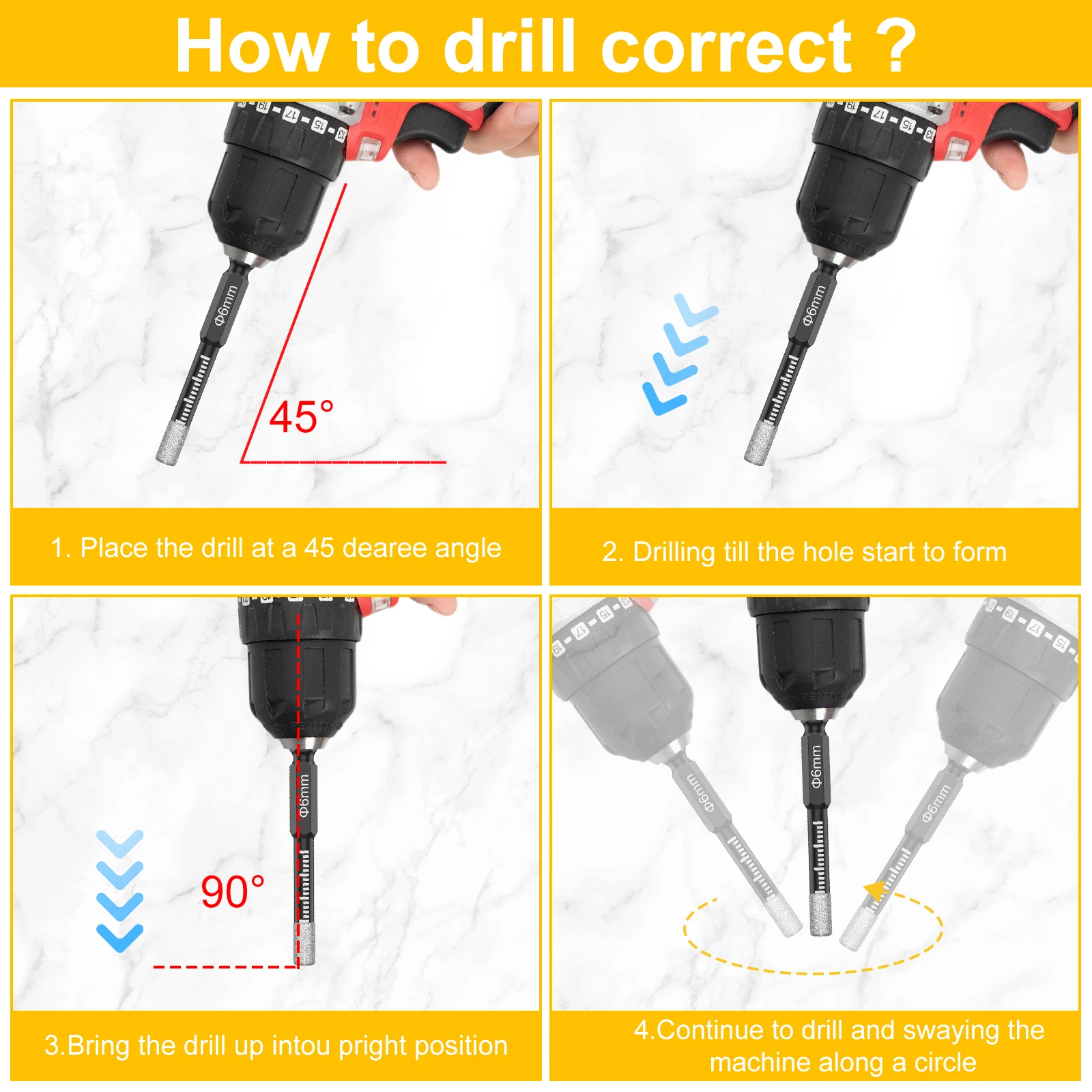 7 ชิ้น 6 มิลลิเมตรแห้งเพชรเจาะชุด Bits สูญญากาศ Brazed Core เจาะชุด Bit Quick Change Hex Shank สําหรับพอร์ซเลนหินแกรนิตกระเบื้องหินอ่อน