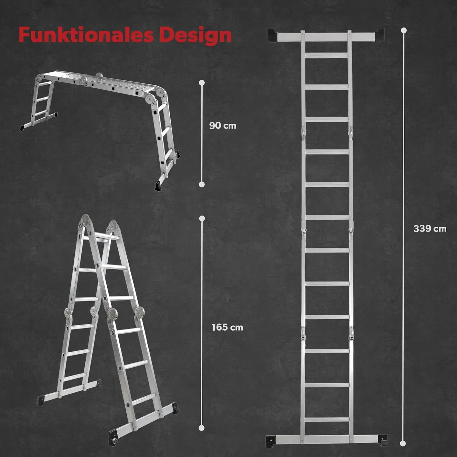 Scala multiuso: 4x3 gradini, 2 piastre per ponteggi, scala a pioli fino a 150 kg, scala a gradini, alluminio, 12 gradini, tfuv/GS certifi