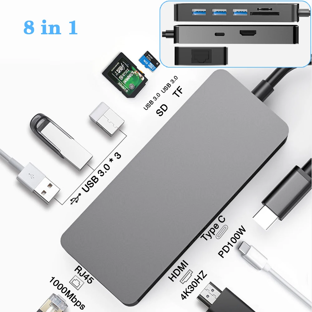 USB 3,0 tipo C HUB USB C estación de acoplamiento a HDMI 4K 30HZ multifuncional tipo C a RJ45 1000Mbps adaptador Ethernet extensor VGA