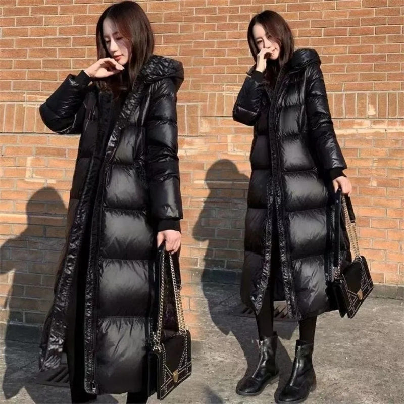 Abrigo acolchado largo y brillante para mujer, Chaqueta de algodón cálida de talla grande 4XL, Parka negra para otoño e invierno, 2024